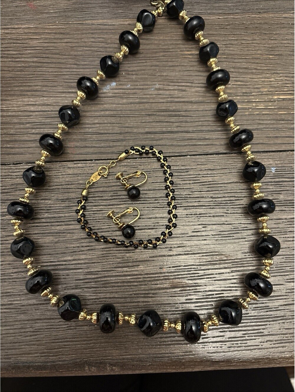 Beautiful Trifari Black And Gold Beaded Bracelet And 23” Necklace Napier Clip On